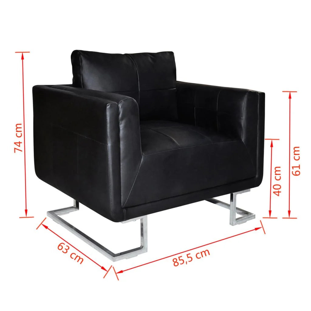 Poltrona sedia design lounge sedile club divano cubo da soggiorno con gambe cromate in pelle sintetica nera 1102044/3
