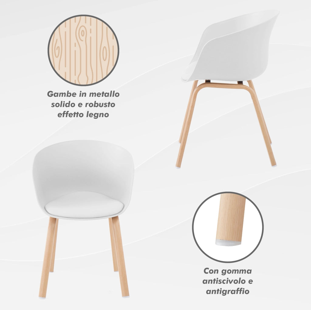Set Di 4 Sedie Da Cucina Pontrone Sala Da Pranzo Stile Scandinavo Sedia Di Design Moderno Gambe In Metallo Effetto Legno Schienale In Polipropilene Con Cuscino Imbottito Design Moderno Bianco