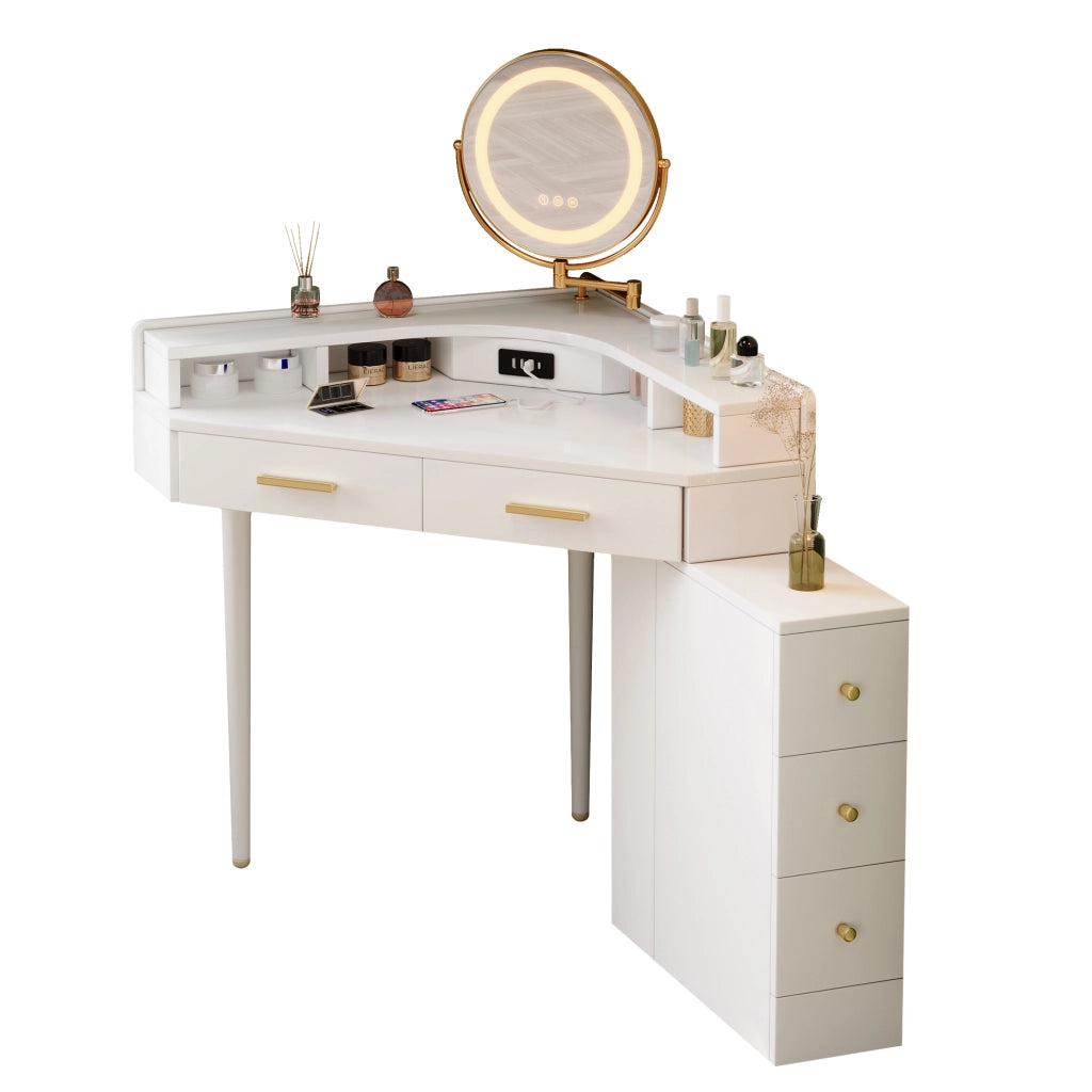 Scrivania Angolare Toeletta con Specchio LED e 5 Cassetti ¨C MINIMAL ¨C Bianco 105.5x75x120 cm