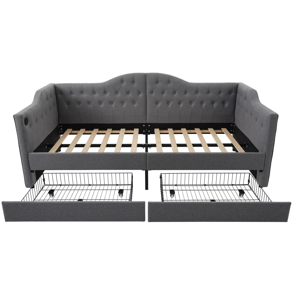 Letto da giorno 90x200 cm con USB C; USB e 2 cassetti; tessuto grigio