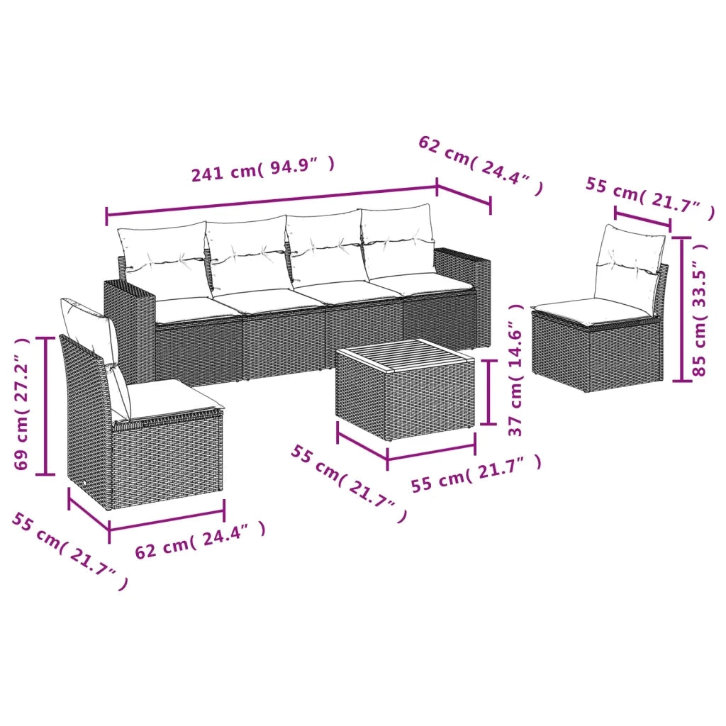 Set Divani da Giardino 7 pz con Cuscini Beige in Polyrattan