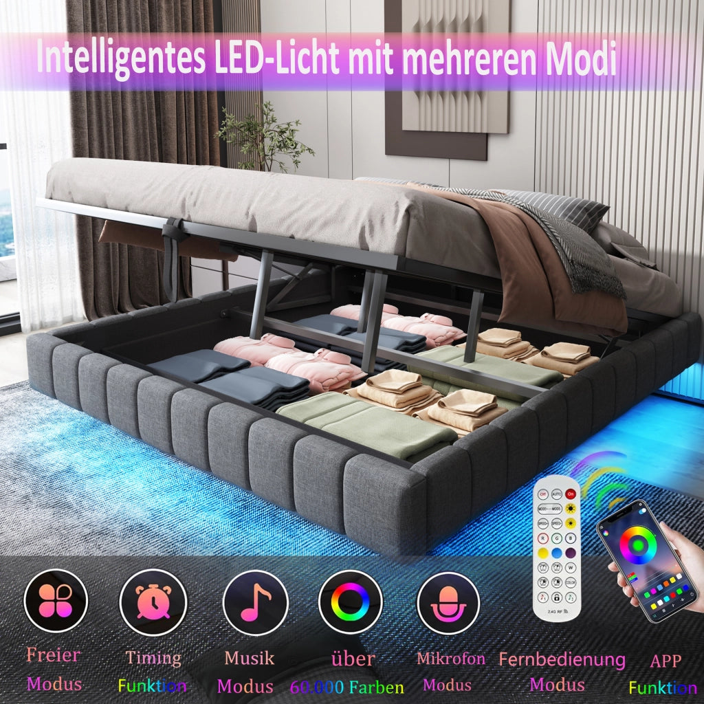 Letto Contenitore Matrimoniale 160x200 cm; LED e e Struttura in Metallo Grigio