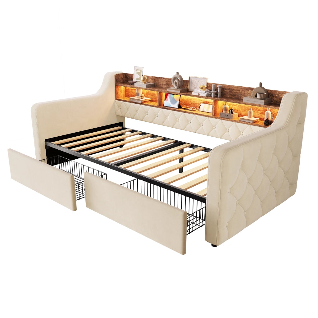 Letto imbottito con contenitore e cassetti ¨C Minimal ¨C Beige velluto 90x190 cm con LED, USB, Type-C, rete a doghe