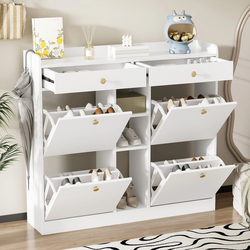 Scarpiera con 4 Ante Ribaltabili, 2 Cassetti e 3 Ripiani ¨C MINIMAL ¨C Bianco, 110x26x100 cm
