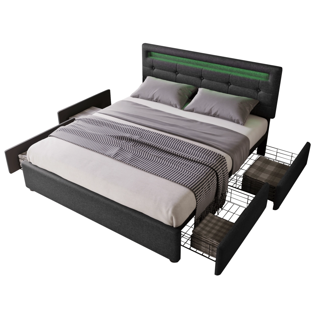 OKWISH Letto con Cassetti 140×200 cm, Letto Matrimoniale con LED Regolabile, 4 Cassetti e Testiera Regolabile, senza Materasso, Nero