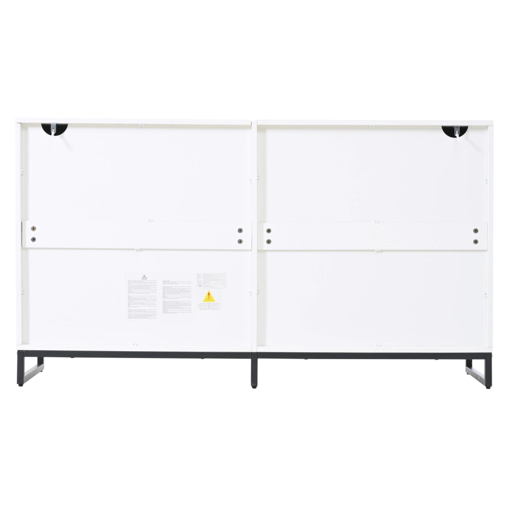 Credenza ULEVR 140x39,5x78,5 cm con 6 cassetti e gambe in metallo, bianco e nero