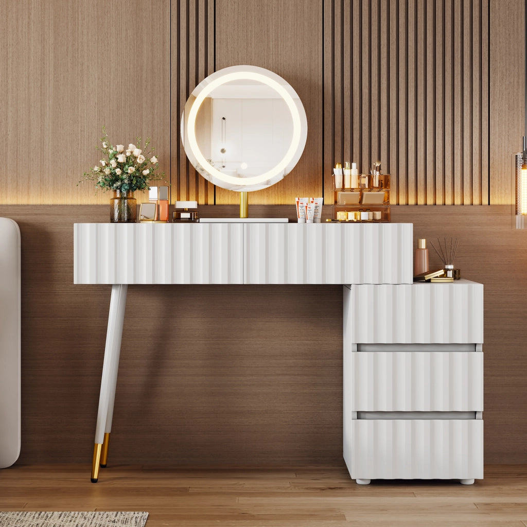 Toeletta 100x40x127 cm con specchio LED a tre colori; 5 cassetti; MDF e truciolare; bianco