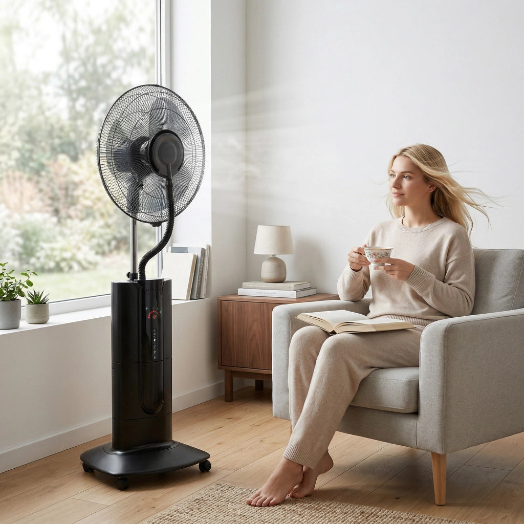Ventilatore a Piantana 3 in 1 Oscillante 45x38x130 cm con Nebulizzatore d'Acqua Telecomando e Timer 9h Nero
