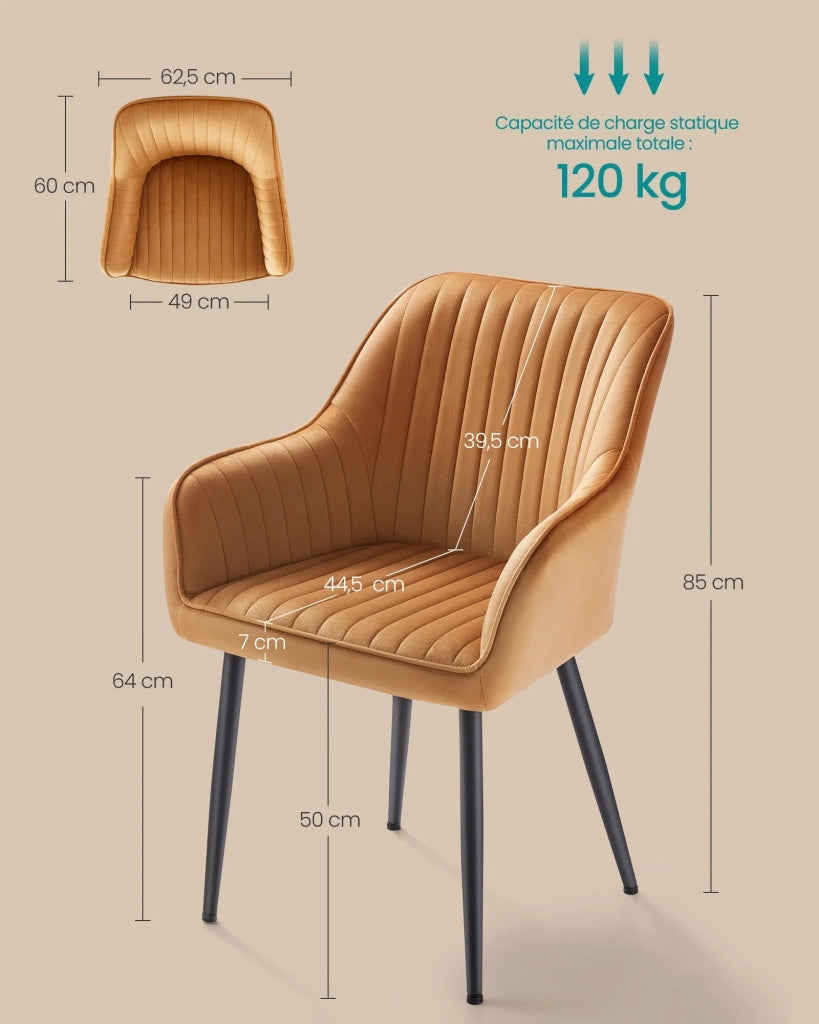 Sedia da pranzo poltrona seduta imbottita con braccioli larghezza seduta 49 cm gambe in metallo rivestimento in velluto portata 110 kg per soggiorno o camera da letto marrone 12_0004908