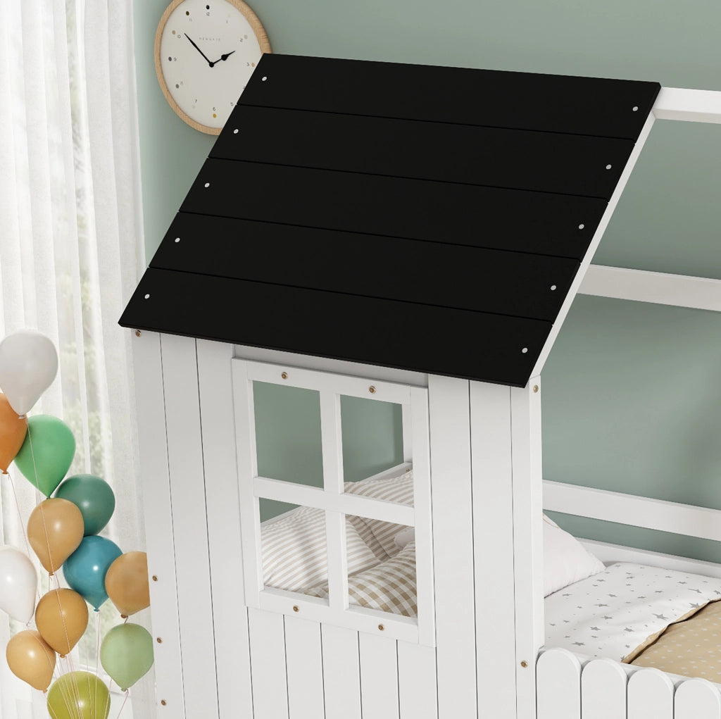Letto a soppalco per bambini a casetta 90x200 cm bianco nero