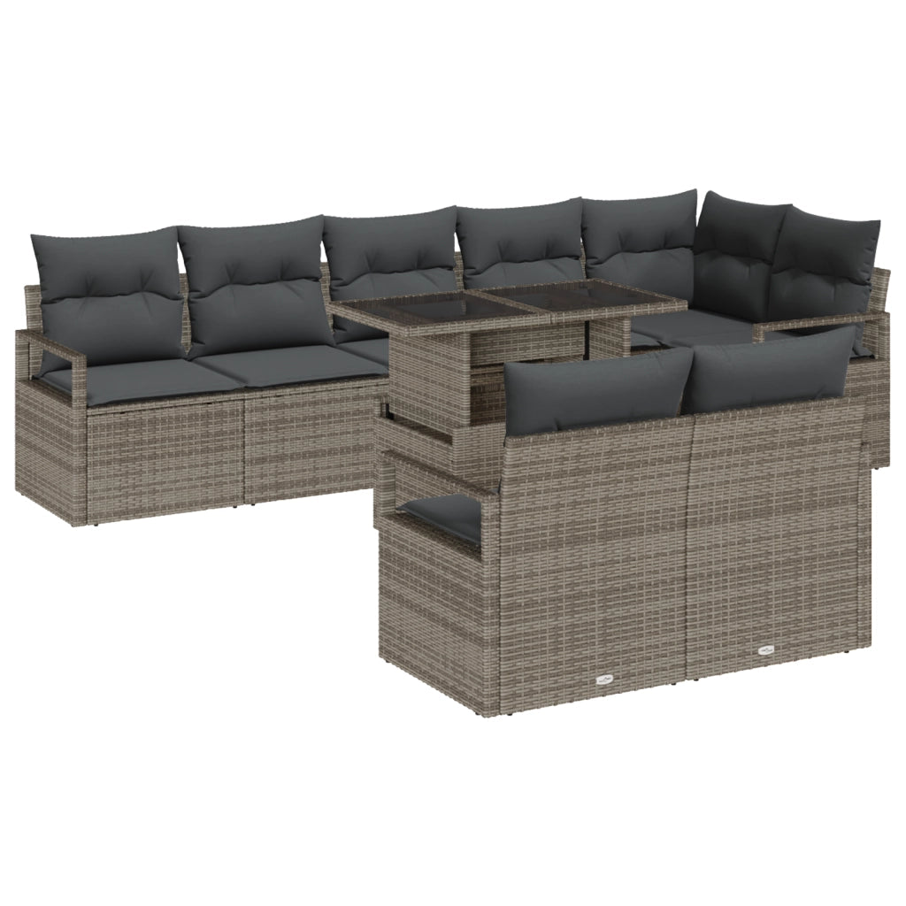 Set di Divani da Giardino  9 Pezzi con Cuscini Grigio Rattan Poli