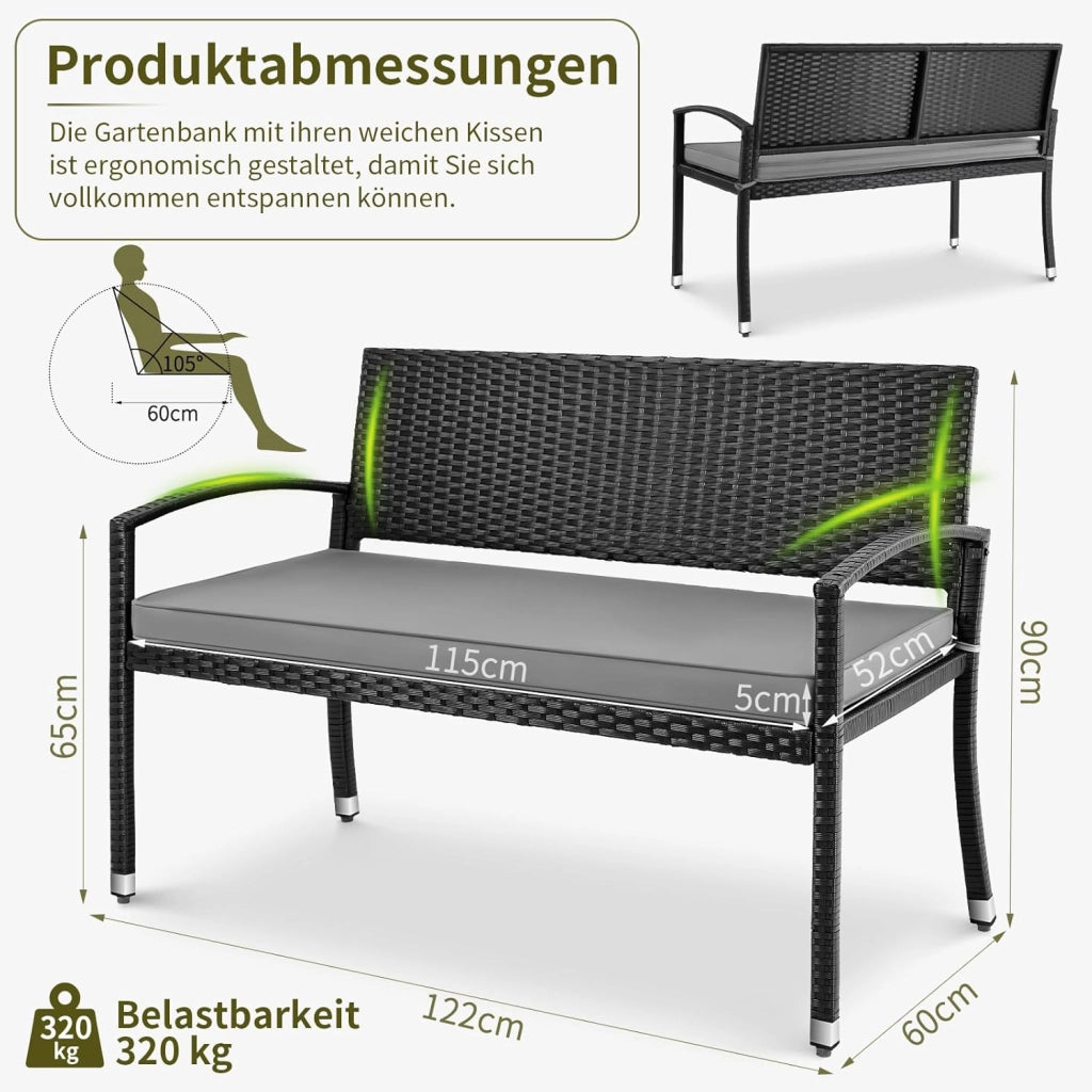 Panca da giardino, resistente alle intemperie, con cuscino, 2 posti, in polyrattan, portata 320 kg, accogliente mobili da giardino per esterni, 122 x 60 x 90 cm, per piccoli balconi, giardini