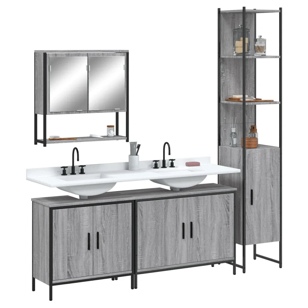 Set Mobili da Bagno | Armadio da bagno 4 pz Grigio Sonoma in Legno Multistrato
