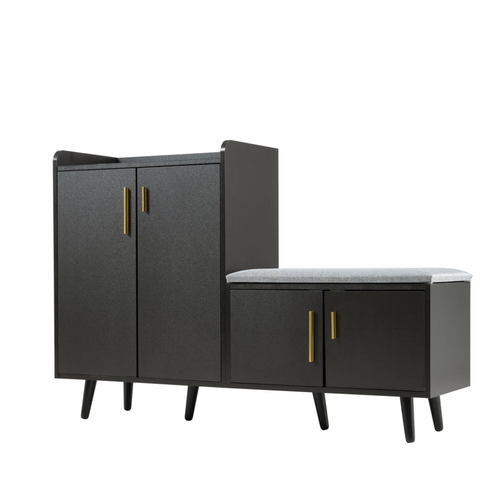 Scarpiera 120x34x82 cm con seduta imbottita; pannello truciolare e metallo; nero e noce scuro