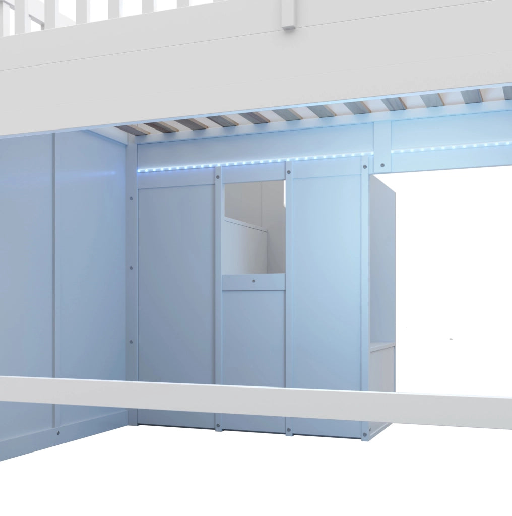 Letto a soppalco per bambini 90x200 cm con scivolo; scala contenitore e LED; in pino bianco