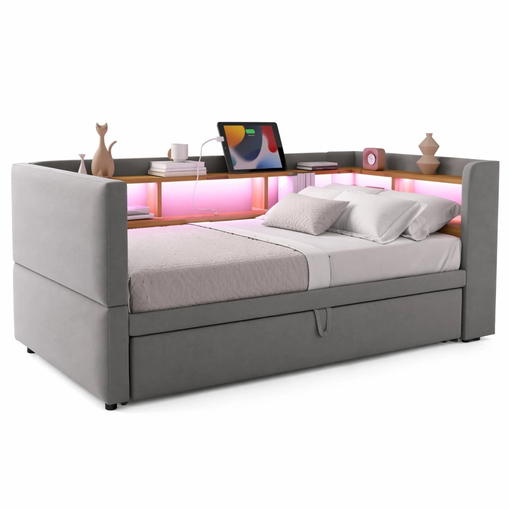 Divano letto imbottito 90/180 x 190 cm con luci LED, prese, vani contenitore e struttura in metallo