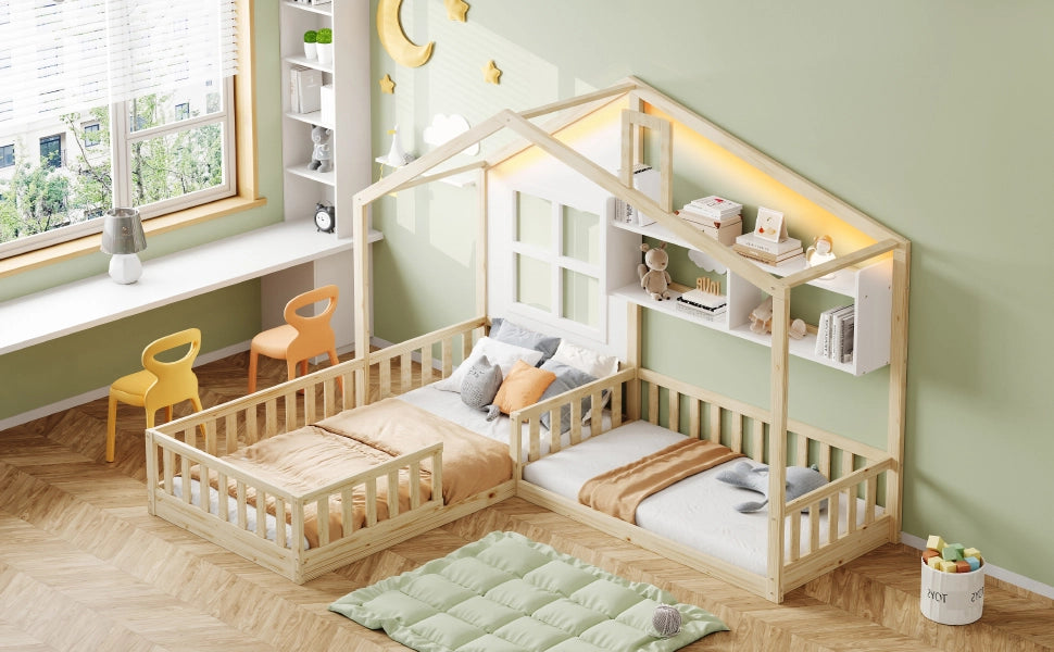 Letto per bambini a forma di casa con LED e scaffali, 90x200 cm, legno