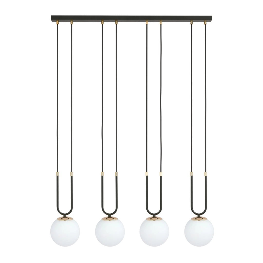 Lampada a sospensione GLAM in acciaio nero e oro con sfere in vetro opale