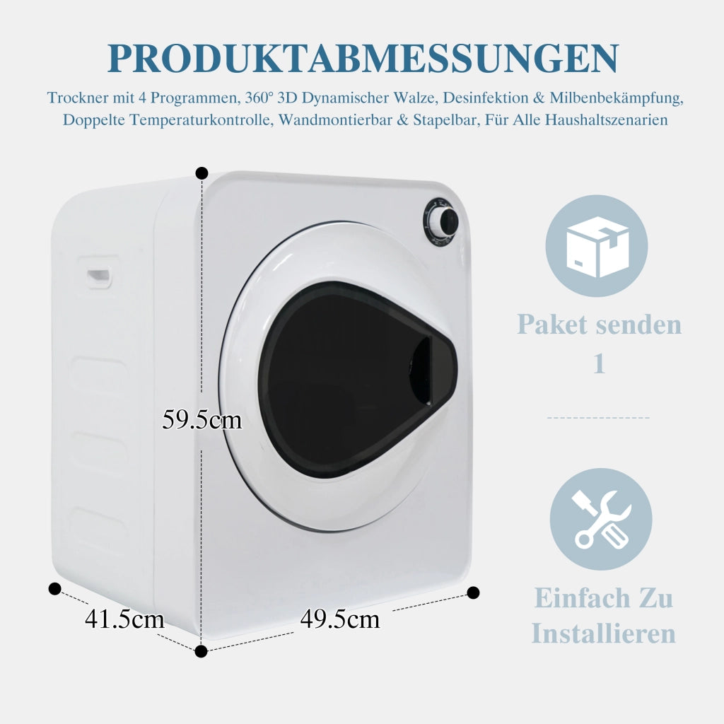 Asciugabiancheria ad alte prestazioni, capacità 5 kg, riscaldamento ceramica PTC, tamburo in acciaio inox, 4 programmi con funzione raffreddamento, doppia sicurezza, montabile a parete o impilabile, scocca PCM