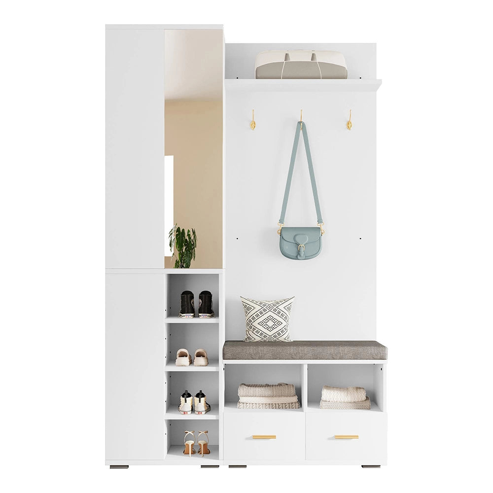Vestiaire completo con specchio - Xylo - 120x35x190 cm - Bianco - Panca scarpe e 3 ganci