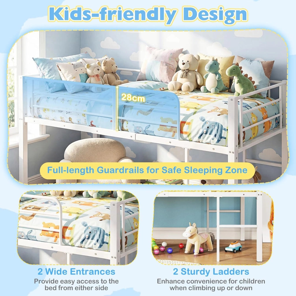 Letto a Castello in Metallo, Letto per Bambini con Protezione Anticaduta e Scala su Entrambi i Lati, Letto per Ragazzi con Rete a Doghe e Ampio Spazio Giochi/Ripostiglio sotto Letto (Bianco)