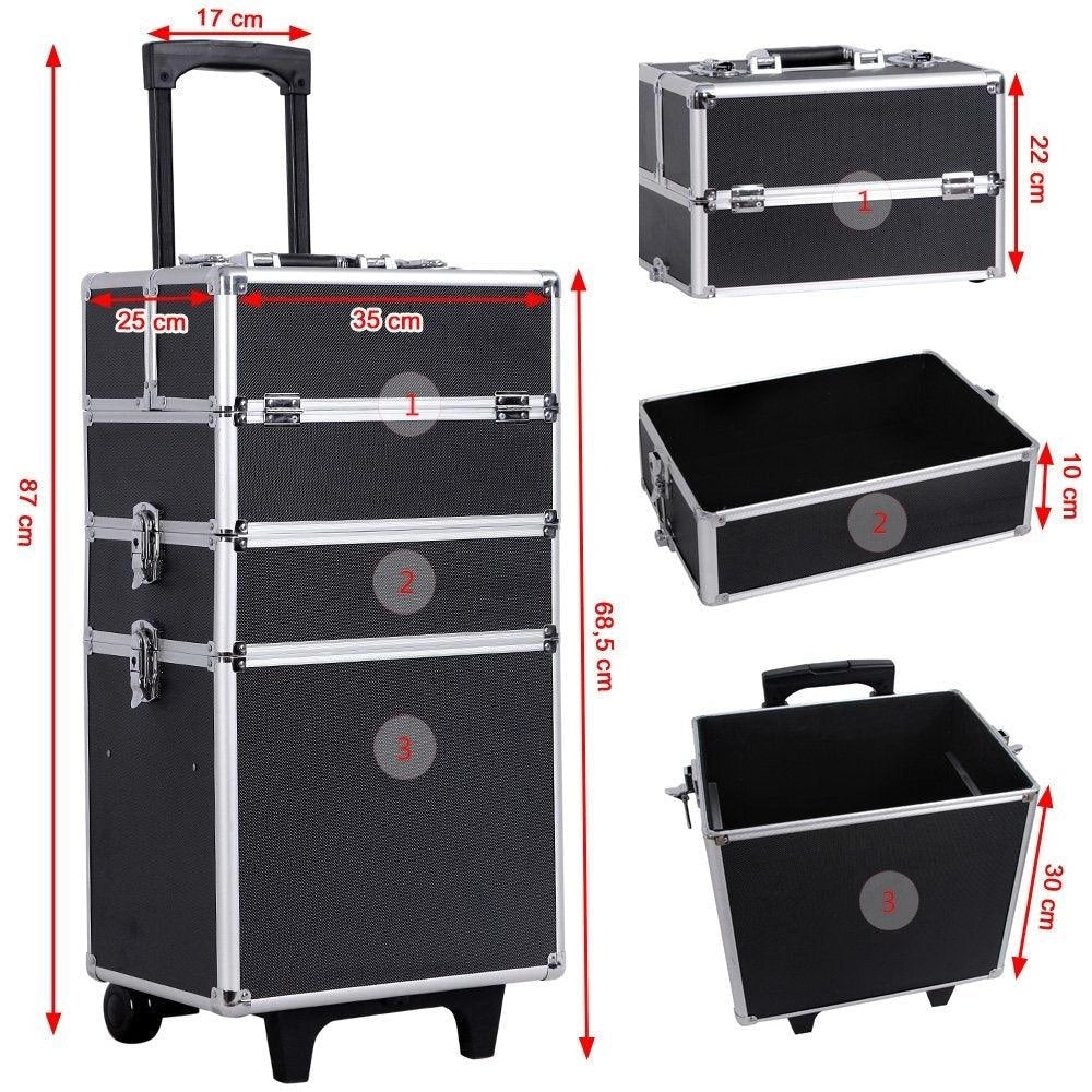 Valigia per il trucco professionale trolley per il trucco 3 in 1 grande per parrucchieri valigetta per il trucco con serratura e ruote universali nero 2012014