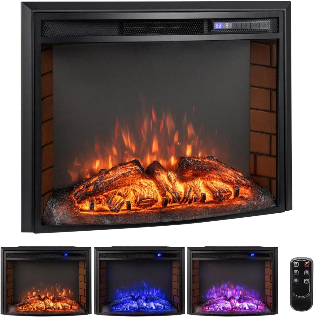 Camino Elettrico, 750W/1500W Caminetto Elettrico Curvo con Telecomando, Effetto Fiamma Realistico e Regolabile, Funzione Timer e Protezione da Surriscaldamento