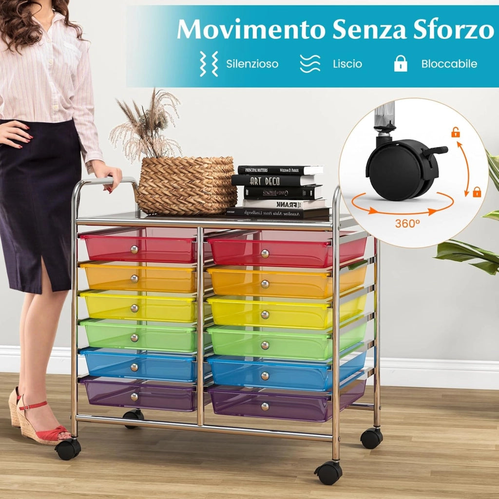 Carrello di Stoccaggio con 12 Cassetti, Carrello portaoggetti con 4 Ruote, Carrello Multiuso per Scuola Ufficio Cucina, 64 x 38 x 62 cm (12 cassetti Arcobaleno)