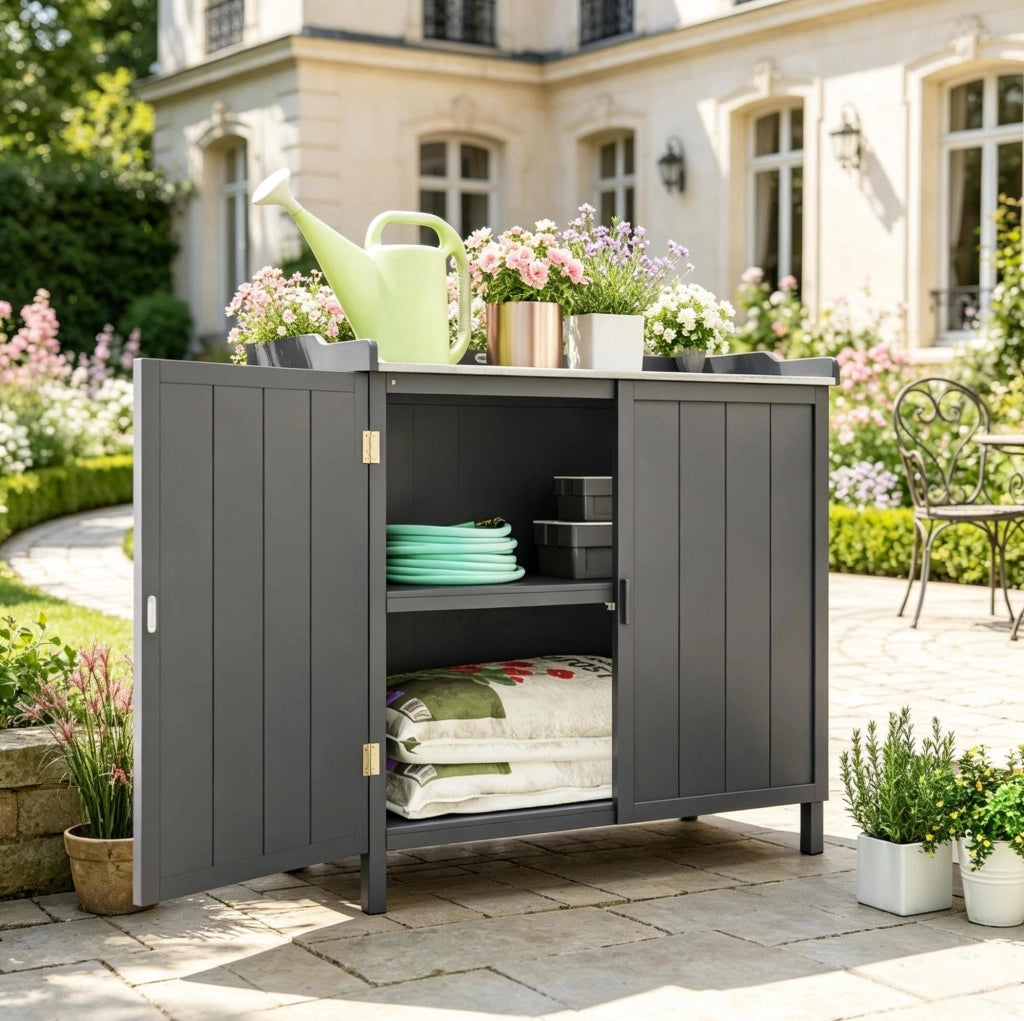 Armadio da giardino 2 in 1 con tavolo da rinvaso e ripiano 98 x 48 x 95;5 cm; grigio