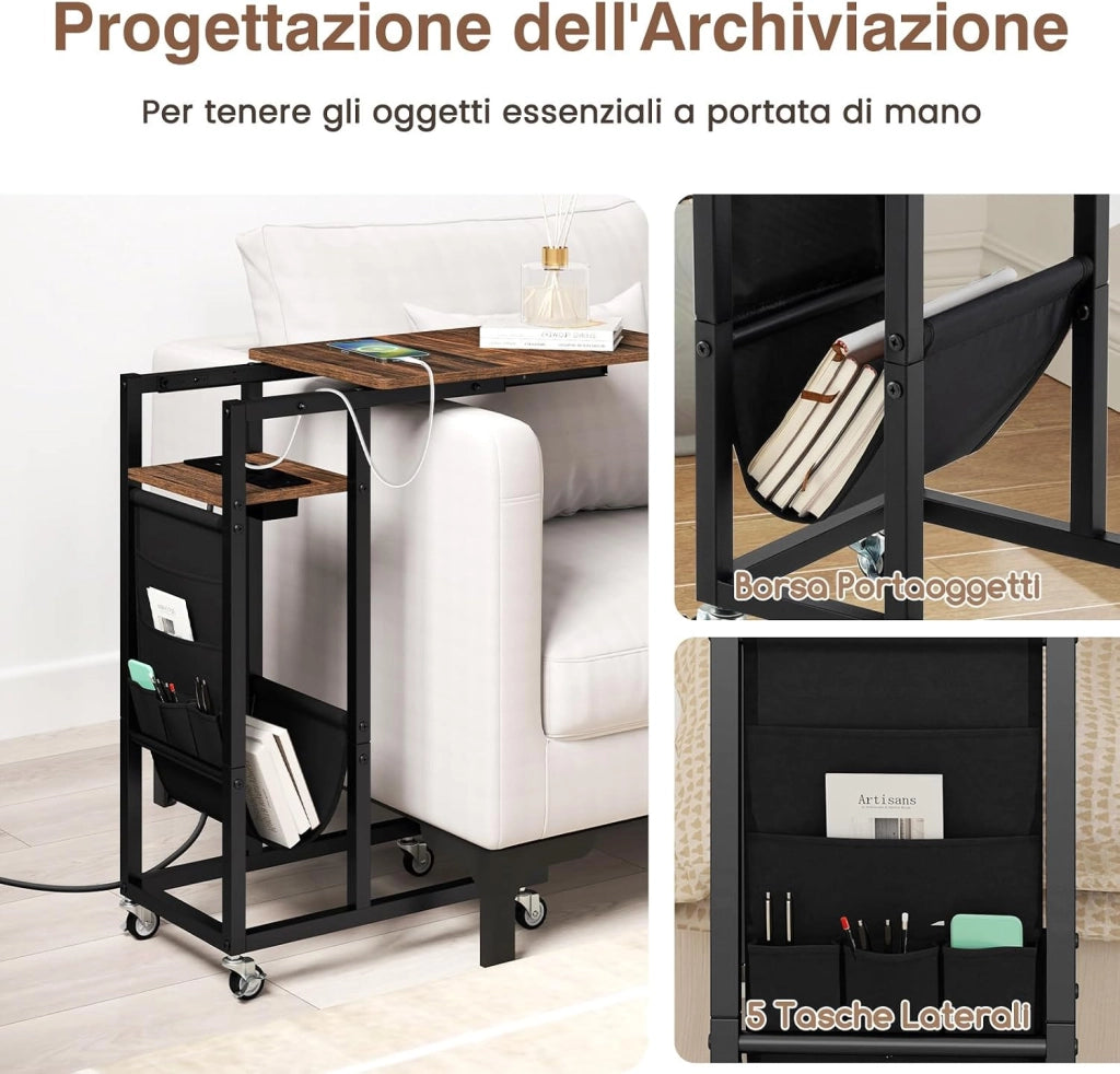 Tavolino da Salotto, Tavolino Laterale con Piano Retrattile e Prese di Corrente, Tasca per Riporre e Ruote Bloccabili, Tavolino per Soggiorno e Camera da Letto (Marrone)