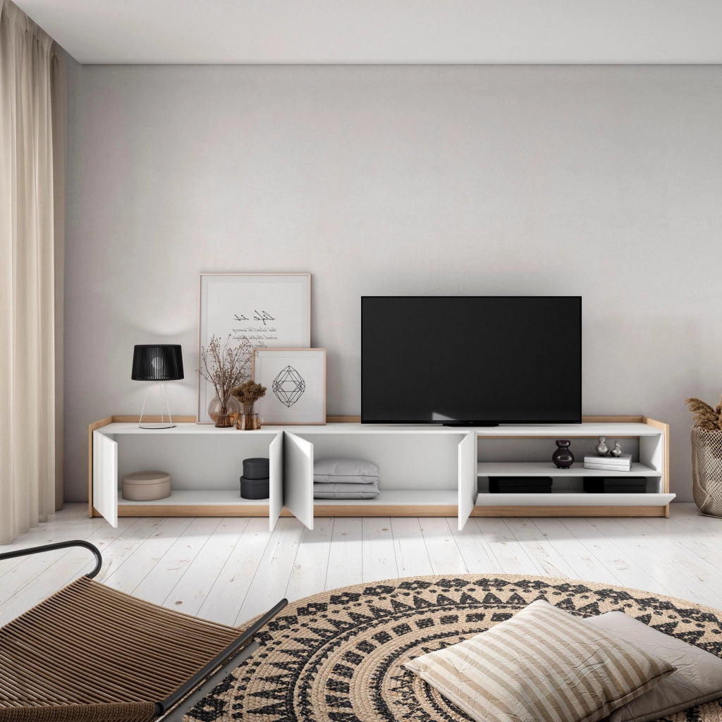 Mobile TV Soggiorno, 310x50x37 cm, Per TV fino a 80", Mobile Soggiorno, Bianco e Rovere soft