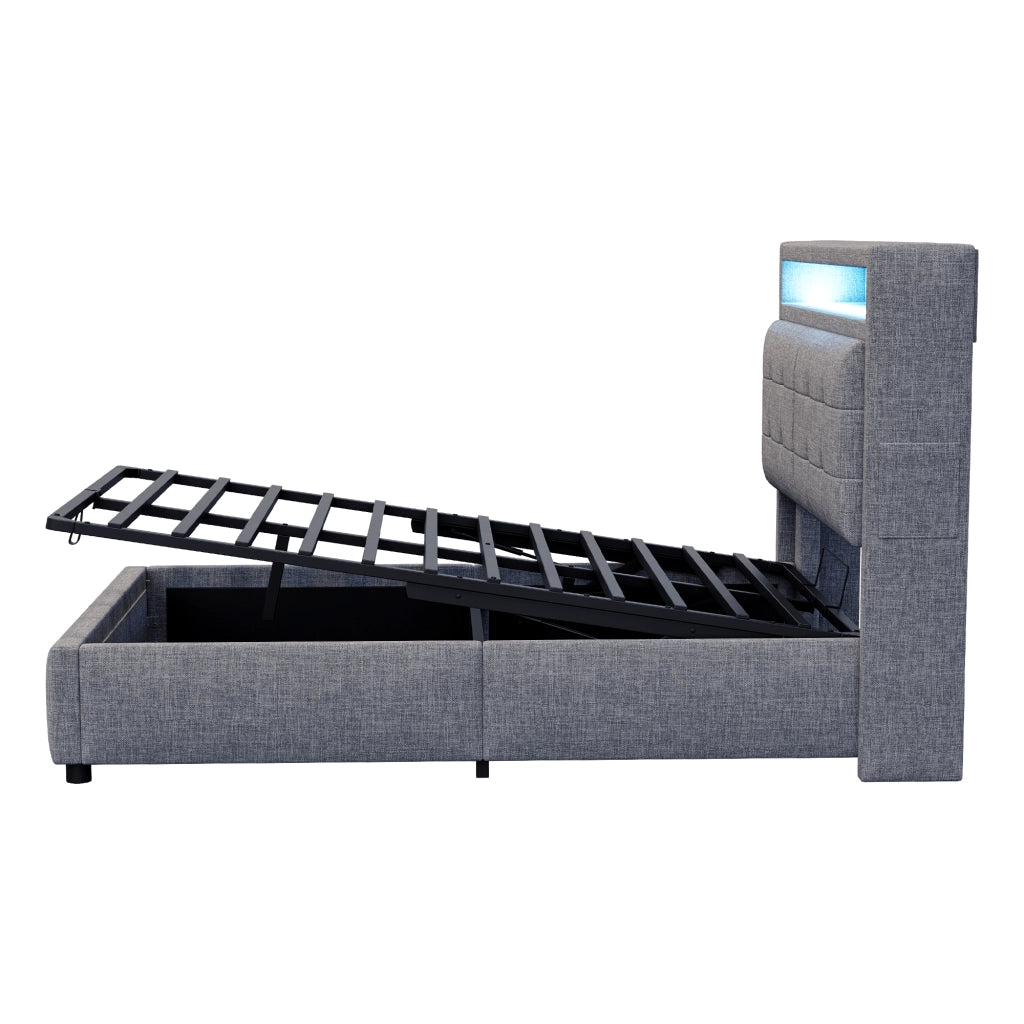 OKWISH Letto Contenitore 140×200 cm, Letto Matrimoniale con LED Regolabile, USB, Mensole e Contenitore Idraulico, senza Materasso, in Tessuto Grigio