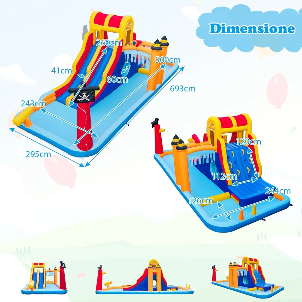 Castello Gonfiabile, Casa Gonfiabile con 2 Scivoli, Piscina, Parete da Arrampicata, Tunnel e Cannone d'Acqua, per Bambini di 3-10 Anni, 693 x 295 x 263 cm