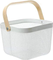 Cassa di stoccaggio in acciaio inossidabile, con maniglia in legno, filo metallico multifunzionale, contenitori da cucina appesi, contenitore per frutta, ideale per cucina, bagno, sala da pranzo, armadio, negozio, bianco