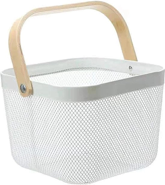 Cassa di stoccaggio in acciaio inossidabile, con maniglia in legno, filo metallico multifunzionale, contenitori da cucina appesi, contenitore per frutta, ideale per cucina, bagno, sala da pranzo, armadio, negozio, bianco