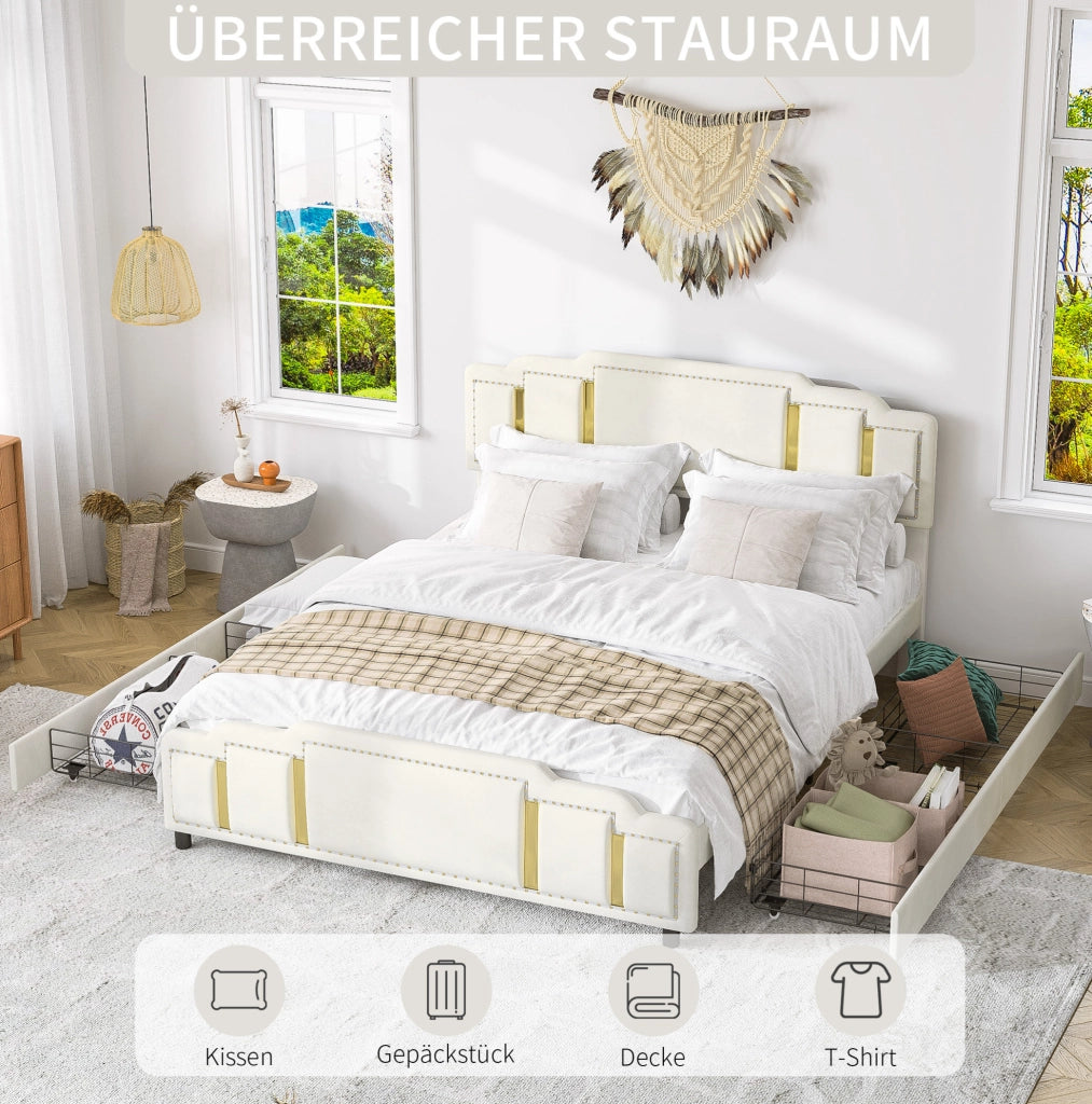 Letto matrimoniale 160x200 cm in velluto beige con LED e cassetti