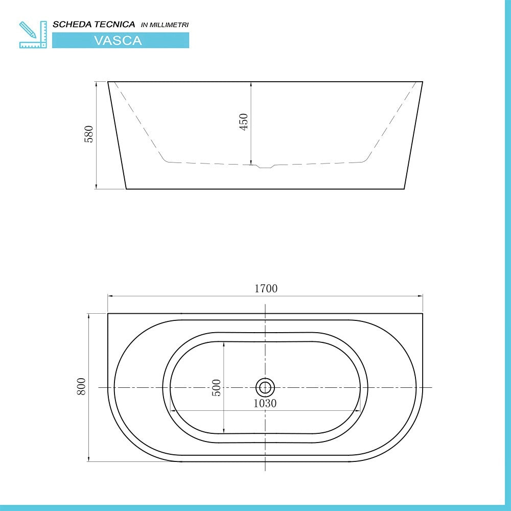 Vasca da bagno a parete 80x170 cm scarico incluso  Arya