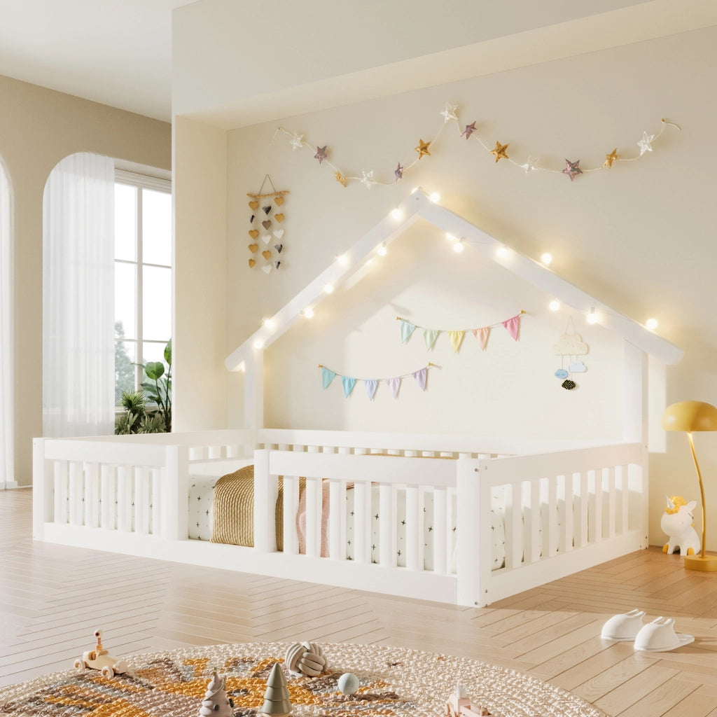 LETTO a casetta 90x200 cm in legno bianco con luci LED