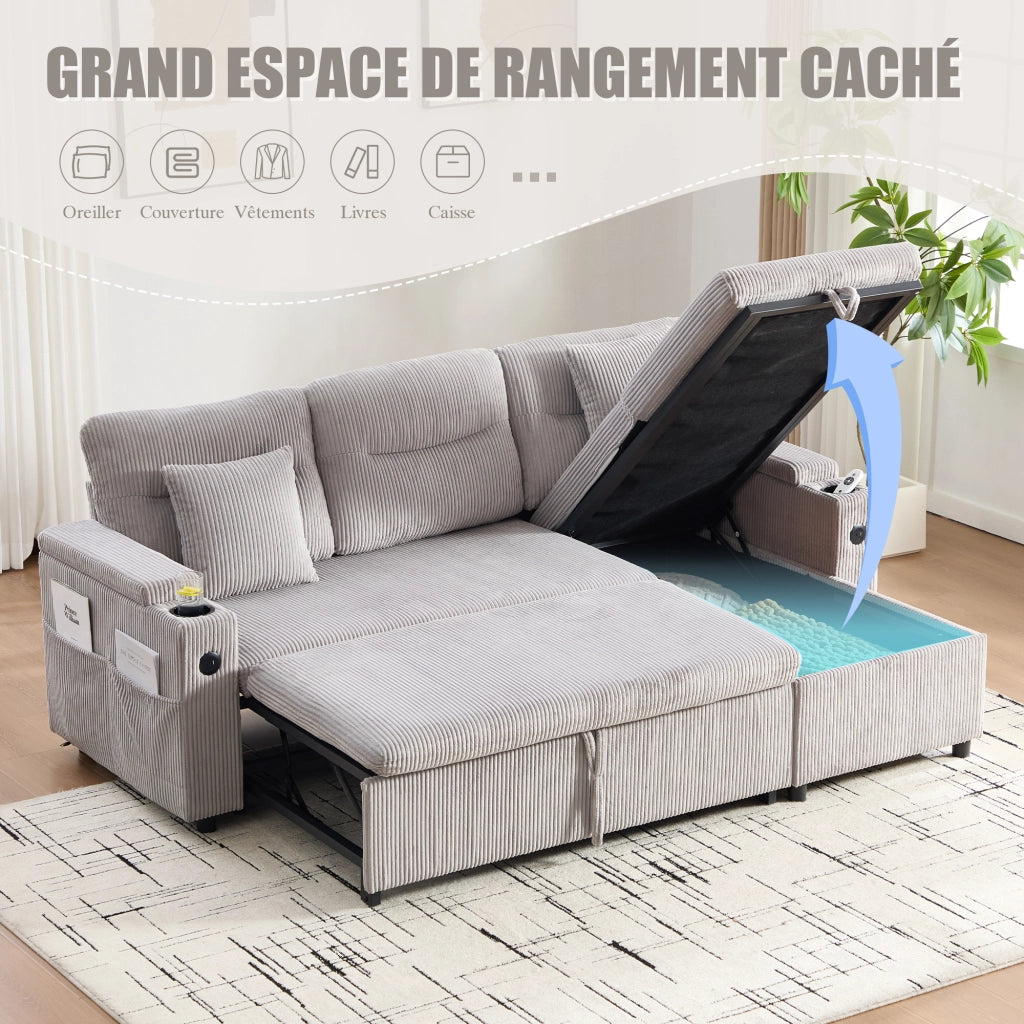 Divano 3 posti in tessuto corduroy con contenitore, USB-C, chaise longue idraulica e letto estraibile