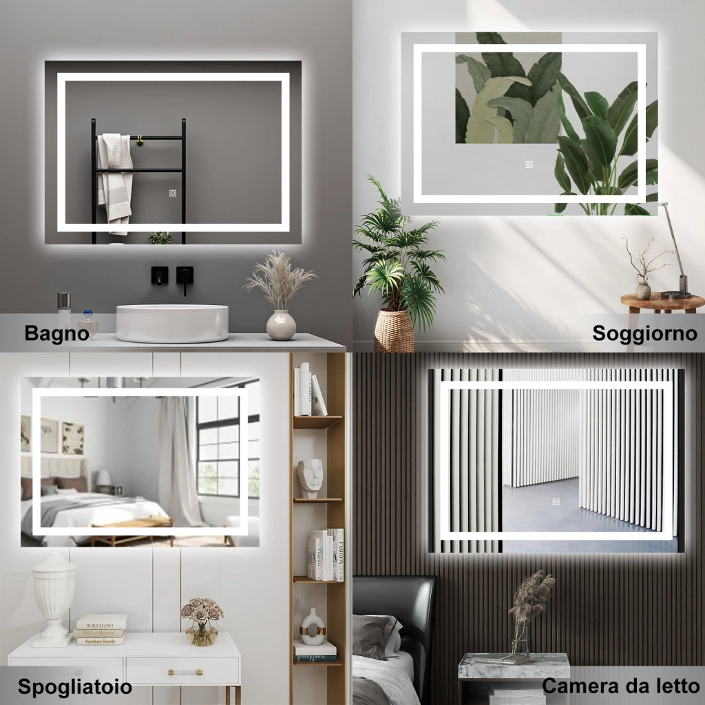 AICA Specchio da bagno  70 x 50 cm, dimmerabile, interruttore touch, Funzione Memoria, antiappannamento, 3 colori