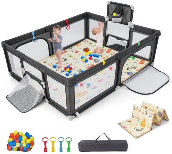 Box opvouwabile per bambini con 50 palline e cuscino, centro di attività per bambini con tasca portatile (grigio scuro) (205 x 145 cm x 69 cm, grigio scuro)