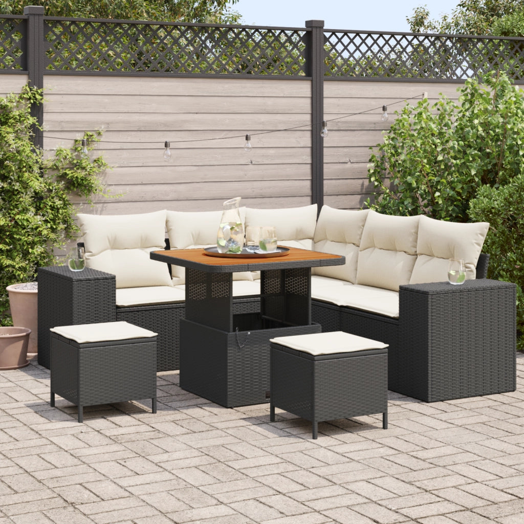 Set Divano da Giardino  8 Pezzi con Cuscini Nero Polyrattan Acacia