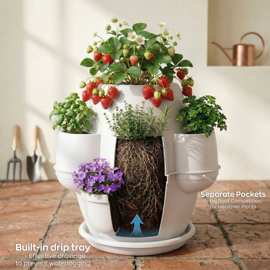 Oasi - Fioriera Da Giardino 80x80x80 Cm Con 6 Tasche Perimetrali E Sottovaso  Bianco