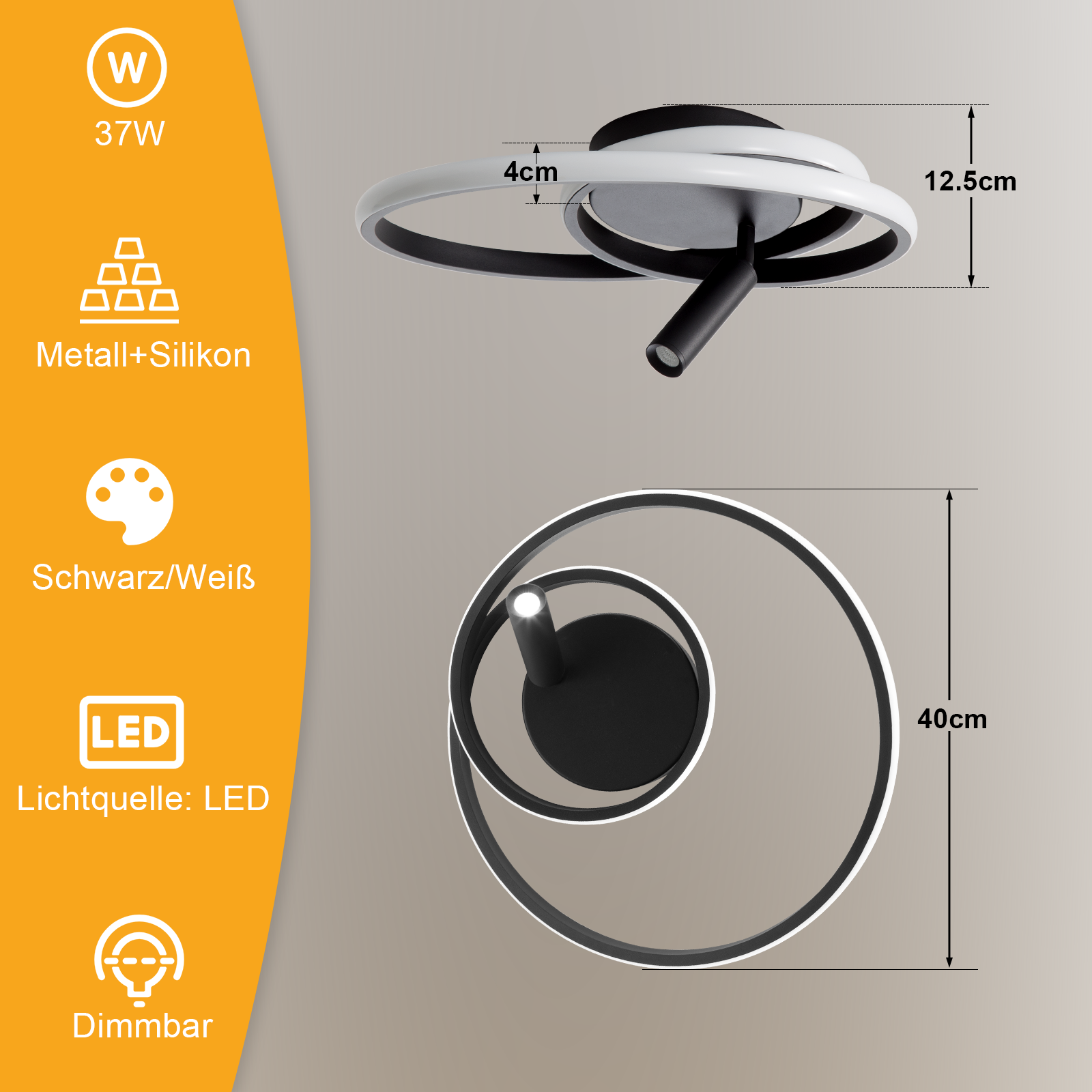 ZMH Lampada da soffitto plafoniera LED dimmerabile 40cm 37W nera telecomando per cucina