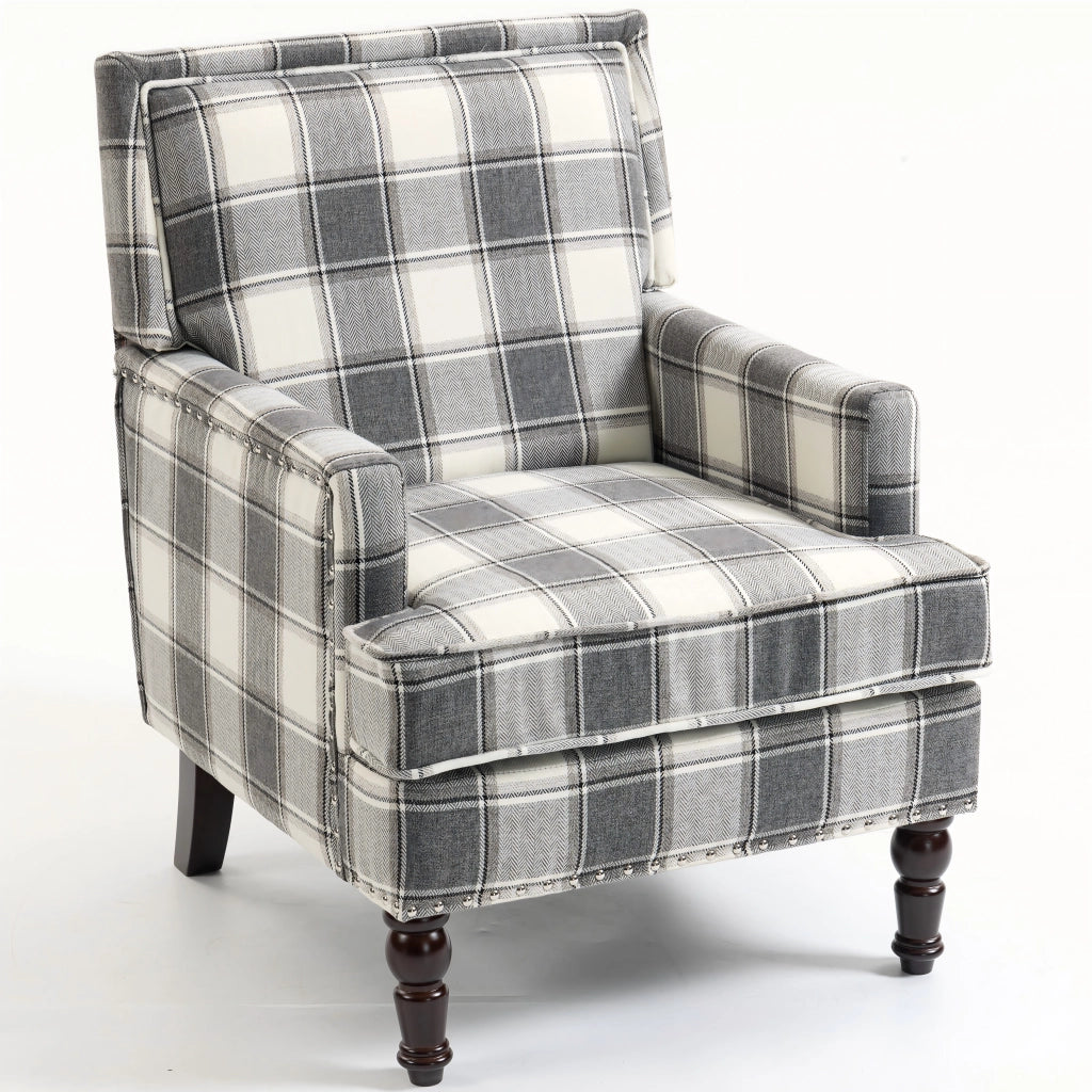Sedia accent in stile vintage con rivestimento a righe bianco e grigio, struttura in legno e montaggio facile