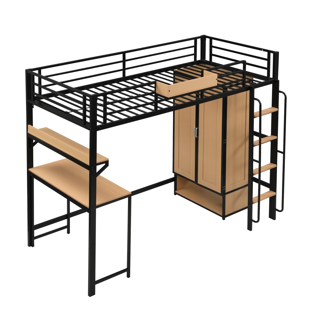 Letto a Soppalco 90x200 cm - Armadio a 2 Ante; Scrivania; Scaffale e Scala - Nero
