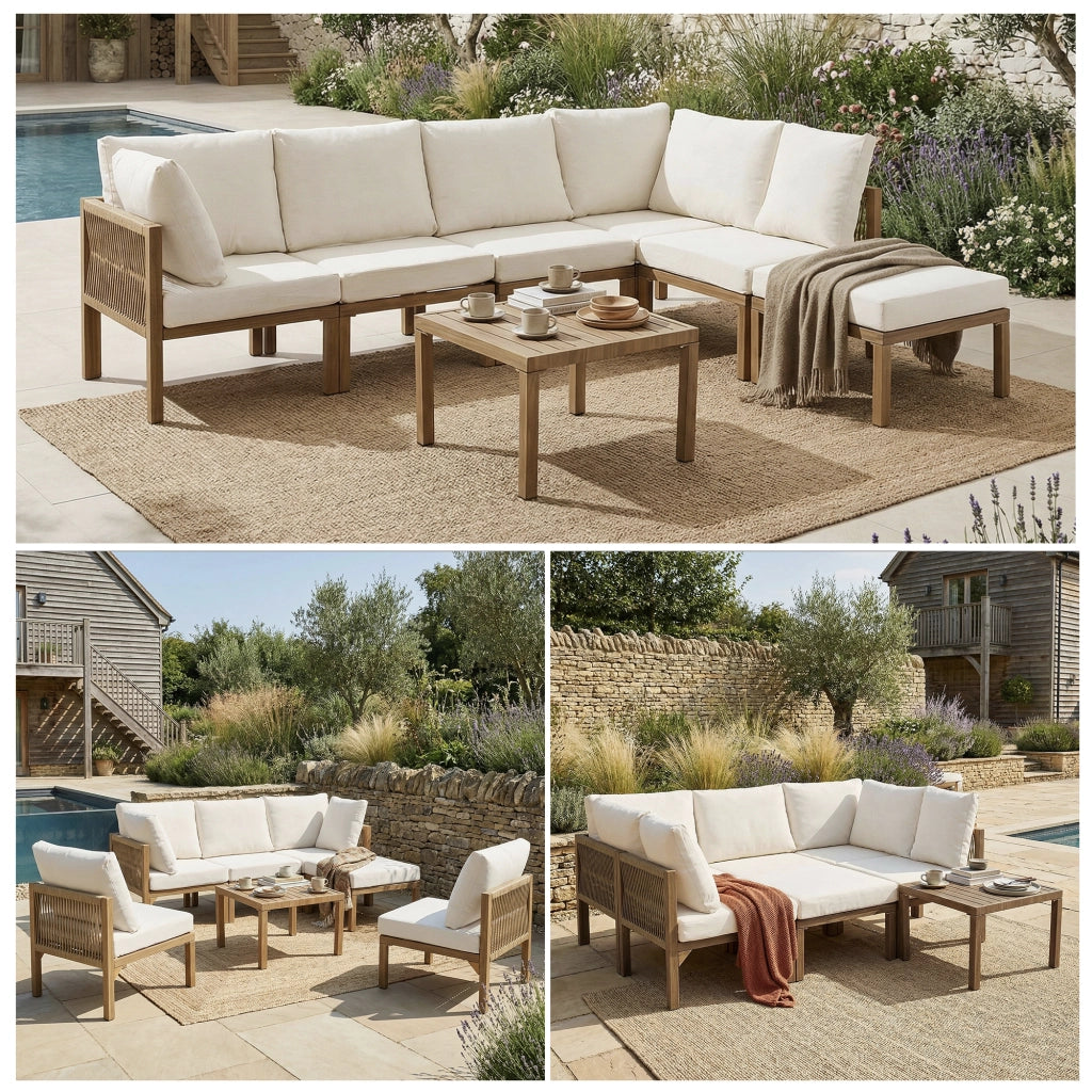 Set da pranzo da giardino set di mobili da giardino set di sdraio da giardino divano d'angolo letto da relax esterno tavolo da pranzo può essere convertito in un letto reclinabile divano modulare beige + legno