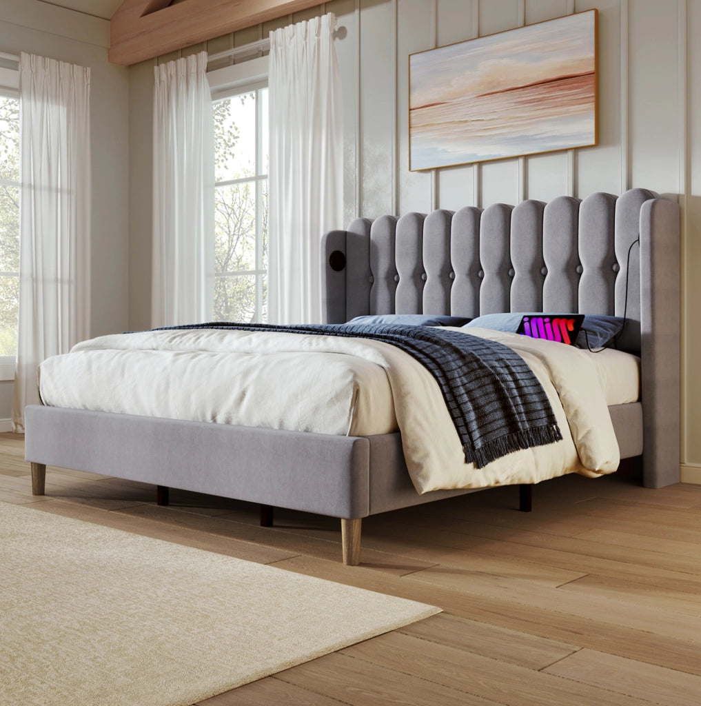 Letto matrimoniale imbottito grigio 180x200 cm con USB e USB-C