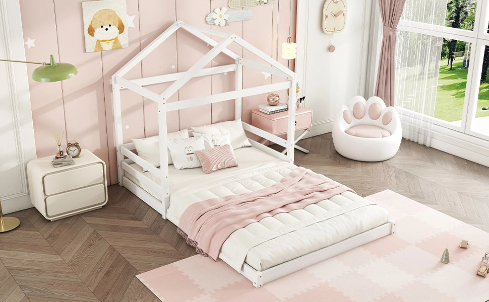 DESMIU Letto a casetta Letto bambino 140 × 200 cm 2 posti, basso, senza materasso, in pino e MDF, bianco