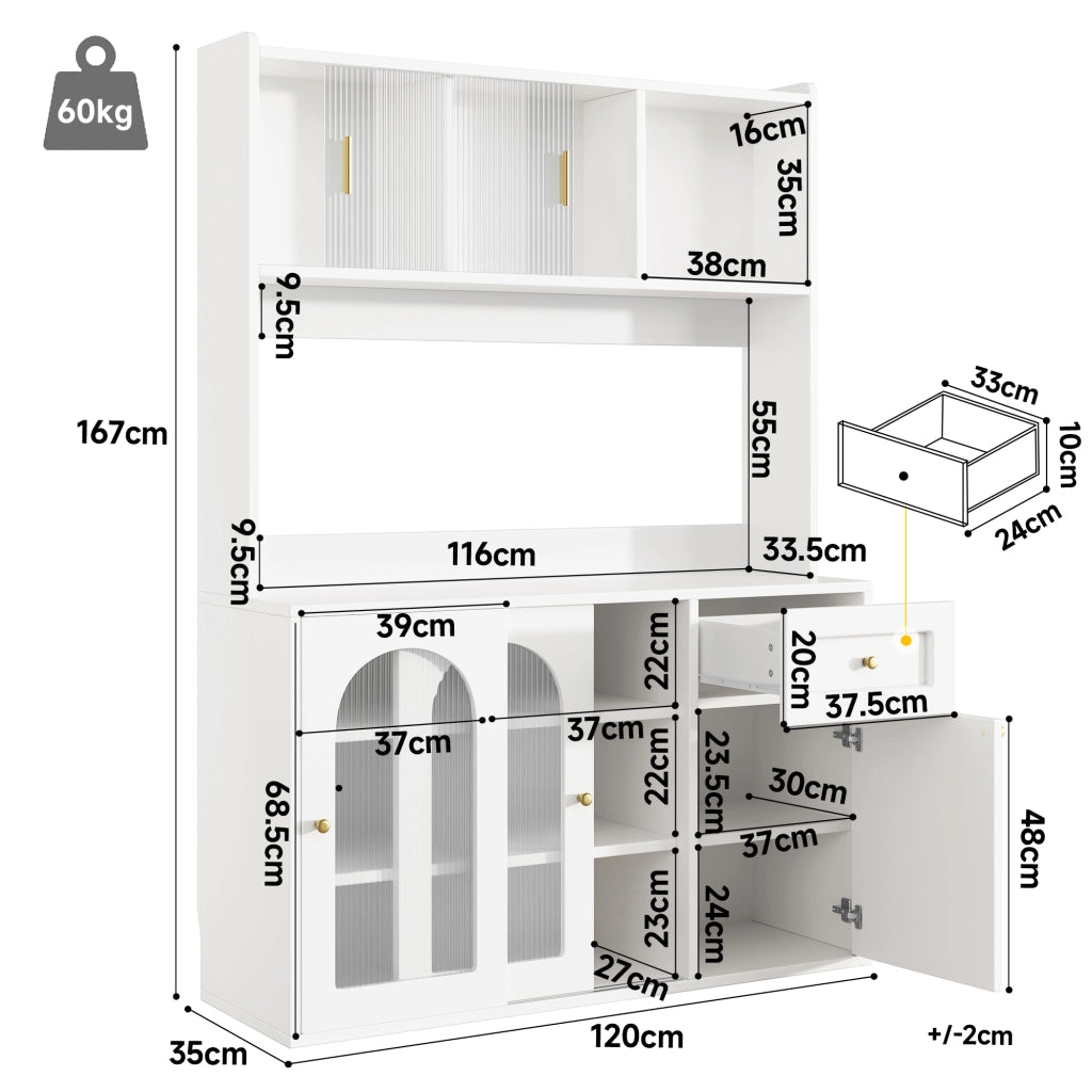 Credenza Cucina Alta con Ante Scorrevoli in Vetro; Cassetti; Ripiani Regolabili e LED; in MDF; 120x35x167 cm